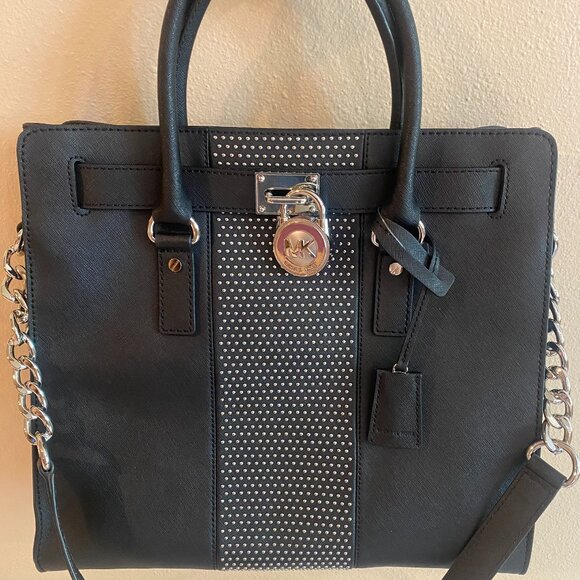MICHAEL KORS Black Saffiano Large Leather Microstudded Hamilton Tote NEW